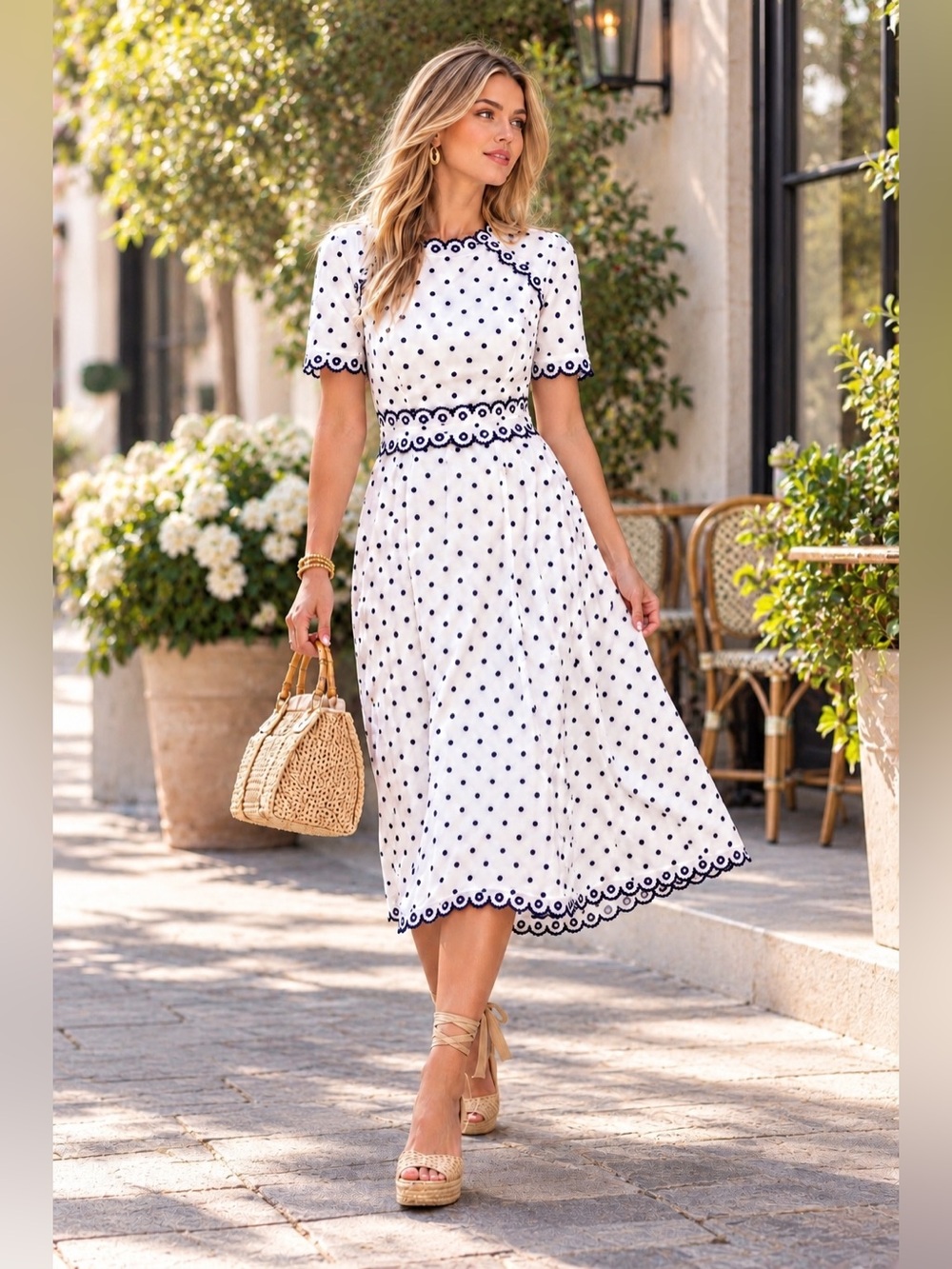 Boden Kimberly Embroidered polkadot midi dress vintage inspired 8